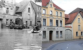 Die Einfahrt über die Diemelbrücke vom Neuen Tor hinein in die Lange Straße – heute und nach der Heinrichsflut 1965. Auch Soldaten halfen damals. - Kesting/Stadtarchiv//Flörke Die Einfahrt über die Diemelbrücke vom Neuen Tor hinein in die Lange Straße – heute und nach der Heinrichsflut 1965. Auch Soldaten halfen damals. - Kesting/Stadtarchiv//Flörke