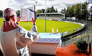 Das Heidewald-Stadion wird zur Location für den Weihnachtsgottesdienst. - Montage/Andreas Frücht Das Heidewald-Stadion wird zur Location für den Weihnachtsgottesdienst. - Montage/Andreas Frücht