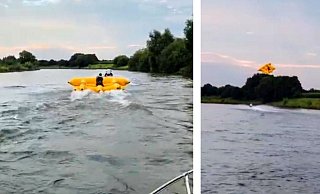 Das Video zeigt, wie die Fly-Fish-Matratze zunächst über das Wasser gezogen wird (l.) und dann hebt die gelbe Matratze ab und kommt bei etwa 6 Metern Höhe schwer ins Trudeln (r.). - Screenshots: Polizei Das Video zeigt, wie die Fly-Fish-Matratze zunächst über das Wasser gezogen wird (l.) und dann hebt die gelbe Matratze ab und kommt bei etwa 6 Metern Höhe schwer ins Trudeln (r.). - Screenshots: Polizei