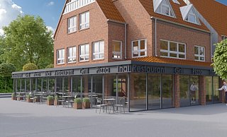 So könnte das Restaurant Grill-Alex nach dem Umbau aussehen. Die Arcaden in Richtung Rathaus würden zu Innenräumen. Auf der Seite, wo sich heute Parkplätze befinden, könnte ein Außenbereich entstehen. - Stadtplanungsbüro Tischmann Loh So könnte das Restaurant Grill-Alex nach dem Umbau aussehen. Die Arcaden in Richtung Rathaus würden zu Innenräumen. Auf der Seite, wo sich heute Parkplätze befinden, könnte ein Außenbereich entstehen. - Stadtplanungsbüro Tischmann Loh