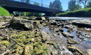 Nur noch zwölf Zentimeter beträgt der Wasserstand der Emmer an der Schiederbrücke in Steinheim. - David Schellenberg Nur noch zwölf Zentimeter beträgt der Wasserstand der Emmer an der Schiederbrücke in Steinheim. - David Schellenberg