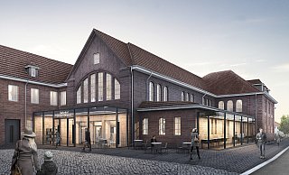 Der Bahnnhof soll zum Dritten Ort umgebaut werden, wo sich alle Löhnerinnen und treffen. Diese Visualiserung zeigt, wie das Gebäude nach dem Umbau aussehen könnte. - Baulampe Architekten Der Bahnnhof soll zum Dritten Ort umgebaut werden, wo sich alle Löhnerinnen und treffen. Diese Visualiserung zeigt, wie das Gebäude nach dem Umbau aussehen könnte. - Baulampe Architekten