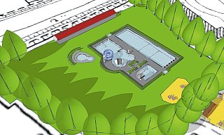 Vorschlag: So könnte sich die CDU das neue Freibad vorstellen. Die Skizze ist angelehnt an das Freibad in Bad Driburg. Rot eingezeichnet die Sanitärbereiche und Umkleiden. Diese Gebäude könnten auch im Süden des Geländes platziert werden. Gelb die mögliche Anbindung an den Beachclub. In der Mitte der beiden großen Becken soll ein Aufsichtsturm für die Schwimmmeister platziert werden. Grafik: CDU - CDU Vorschlag: So könnte sich die CDU das neue Freibad vorstellen. Die Skizze ist angelehnt an das Freibad in Bad Driburg. Rot eingezeichnet die Sanitärbereiche und Umkleiden. Diese Gebäude könnten auch im Süden des Geländes platziert werden. Gelb die mögliche Anbindung an den Beachclub. In der Mitte der beiden großen Becken soll ein Aufsichtsturm für die Schwimmmeister platziert werden. Grafik: CDU - CDU