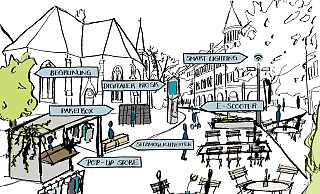 Die Skizze zeigt Gestaltungsmöglichkeiten für den Süsterplatz. Wo sonst an Sommerabenden PS-Protze herumkurven, könnten Biergartentische, Verkaufsstände oder Gepäcksafes stehen. - Bable Die Skizze zeigt Gestaltungsmöglichkeiten für den Süsterplatz. Wo sonst an Sommerabenden PS-Protze herumkurven, könnten Biergartentische, Verkaufsstände oder Gepäcksafes stehen. - Bable