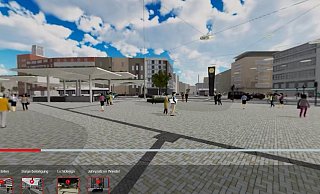 Ein blauer Himmel mit weißen Wolkenbändern überspannt die virtuelle Jahnplatz-Welt. Darunter erstreckt sich Bielefelds neue Mitte mit strukturiertem Pflaster, neuen Haltestelen und Wegeverbindungen. Im 3-D-Film kann man darin herumspazieren und alles genau betrachten. - Stadt Bielefeld Ein blauer Himmel mit weißen Wolkenbändern überspannt die virtuelle Jahnplatz-Welt. Darunter erstreckt sich Bielefelds neue Mitte mit strukturiertem Pflaster, neuen Haltestelen und Wegeverbindungen. Im 3-D-Film kann man darin herumspazieren und alles genau betrachten. - Stadt Bielefeld