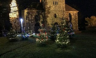 Geschmückte Tannen sorgen für adventliche Stimmung vor der Rehmer Laurentiuskirche. Nun haben Unbekannte einen Bau sowie fünf Lichterketten gestohlen. - Klaus-Udo Hennings Geschmückte Tannen sorgen für adventliche Stimmung vor der Rehmer Laurentiuskirche. Nun haben Unbekannte einen Bau sowie fünf Lichterketten gestohlen. - Klaus-Udo Hennings