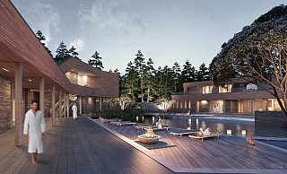 Ruhezone unter Baumwipfeln: Die beiden Gebäude werden mit Holz verkleidet, in der Mitte sollen ein Teich und ein Pool angelegt werden. - Visualisierung: Westfalen-Therme Ruhezone unter Baumwipfeln: Die beiden Gebäude werden mit Holz verkleidet, in der Mitte sollen ein Teich und ein Pool angelegt werden. - Visualisierung: Westfalen-Therme