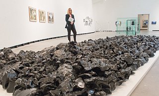 Marta-Kuratorin Wiebke Hahn betrachtet in der Ausstellung „Beton und Glas" Luisa Clements Arbeit „Transformationsmitschnitt". In den Glasblöcken sind Giftgas-Überreste aus dem Syrienkrieg eingeschmolzen und so unschädlich gemacht worden. - Ralf Bittner Marta-Kuratorin Wiebke Hahn betrachtet in der Ausstellung „Beton und Glas" Luisa Clements Arbeit „Transformationsmitschnitt". In den Glasblöcken sind Giftgas-Überreste aus dem Syrienkrieg eingeschmolzen und so unschädlich gemacht worden. - Ralf Bittner