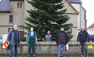 Wilhelm Pörtner, Kurt Schultze, Frank und Lars Bredemeier und Bernd Lammersiek hatten den Baum in gut einer Stunde an ihrem neuen Standort platziert. - Katharina Wiens/Kölle-Druck Wilhelm Pörtner, Kurt Schultze, Frank und Lars Bredemeier und Bernd Lammersiek hatten den Baum in gut einer Stunde an ihrem neuen Standort platziert. - Katharina Wiens/Kölle-Druck