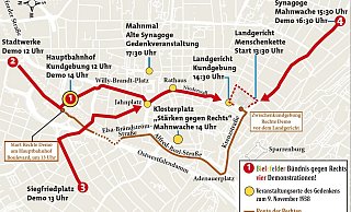 Hier sind die verschiedenen Aktionen des Bündnis gegen Rechts am Samstag, 9. November, in der Karte zu sehen. Die beiden Versammlungen für die Stolpersteine fehlen. - Grafik Jürgen Schultheiß Hier sind die verschiedenen Aktionen des Bündnis gegen Rechts am Samstag, 9. November, in der Karte zu sehen. Die beiden Versammlungen für die Stolpersteine fehlen. - Grafik Jürgen Schultheiß