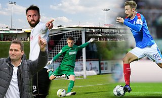 Trainer Guerino Capretti und die Spieler Zlatko Janjic und Robin Brüseke wollen gegen Hauke Wahl (rechts) und Holstein Kiel die nächste Pokalüberraschung perfekt machen. Wie das gelingen soll, erklären sie im Videofeature "Der absolute Außenseiter". - Montage: Roland Thöring Trainer Guerino Capretti und die Spieler Zlatko Janjic und Robin Brüseke wollen gegen Hauke Wahl (rechts) und Holstein Kiel die nächste Pokalüberraschung perfekt machen. Wie das gelingen soll, erklären sie im Videofeature "Der absolute Außenseiter". - Montage: Roland Thöring