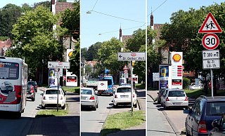 Vom Quellenhofweg aus (noch 120 Meter bis zur 30er-Zone) ist das Tempolimit vom Oetker-Hinweis verdeckt (l.). Das ändert sich etwa 40 Meter später (Mitte). Nun taucht das Schild drunter auf. Beim Passieren ist es dann einwandfrei erkennbar (r.). - Jens Reichenbach Vom Quellenhofweg aus (noch 120 Meter bis zur 30er-Zone) ist das Tempolimit vom Oetker-Hinweis verdeckt (l.). Das ändert sich etwa 40 Meter später (Mitte). Nun taucht das Schild drunter auf. Beim Passieren ist es dann einwandfrei erkennbar (r.). - Jens Reichenbach